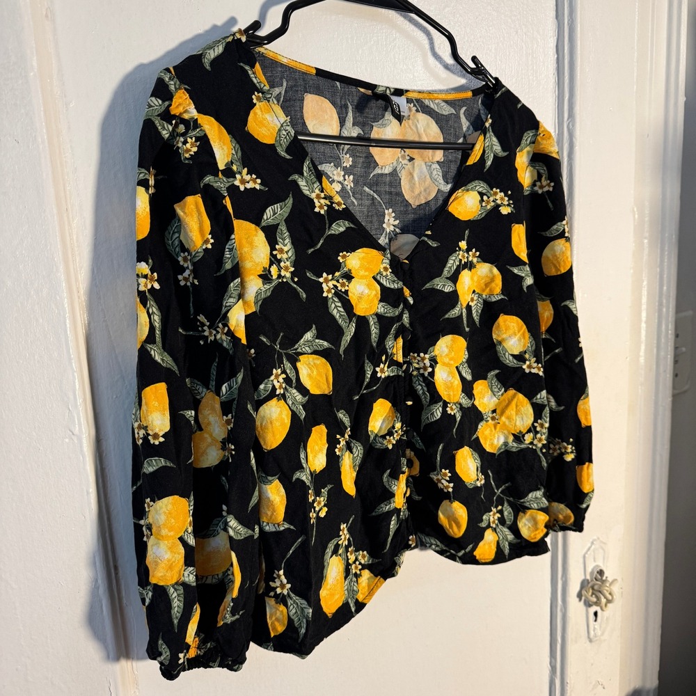Vtg Y2K H&M Divided Lemon Citrus Crop Top Whimsical Black Yellow Sz 4 maximalist - Picture 5 of 11